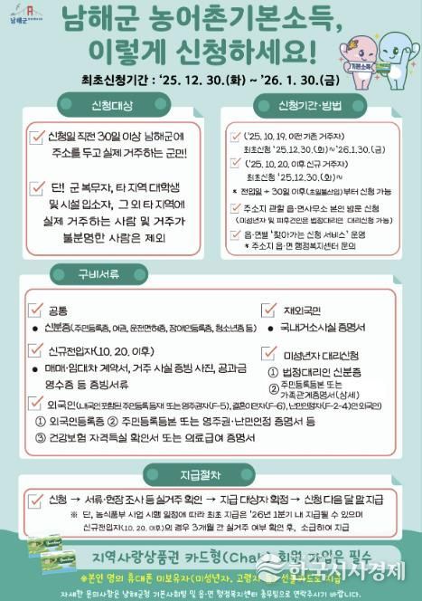 남해군, 농어촌 기본소득 신청 접수 시작