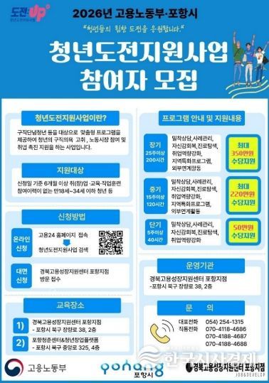2026년 고용노동부 포항시 청년도전지원사업 홍보 이미지.