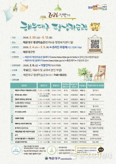 부산 해운대구, 2026년 평생학습관 상반기 수강생 모집