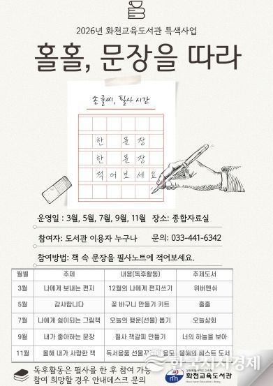 화천교육도서관, 특색사업‘홀홀, 문장을 따라’운영