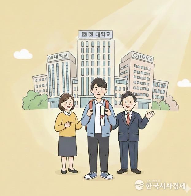 상위권 3개 대학에 합격한 학생과 응원하는 사람들_AI 생성 이미지