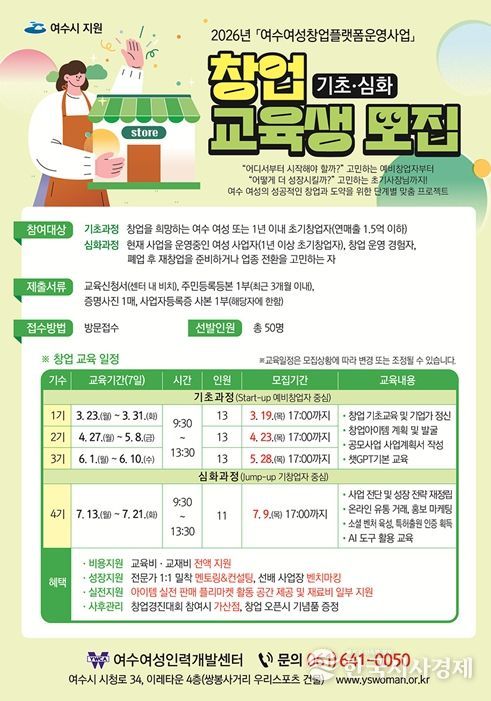 2026년 여수여성창업플랫폼운영 창업 교육생 모집 포스터