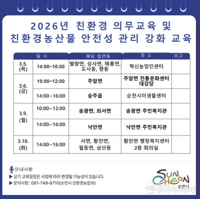 순천시, 친환경 농산물 재배 농가 의무교육